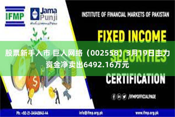 股票新手入市 巨人网络（002558）3月19日主力资金净卖出6492.16万元
